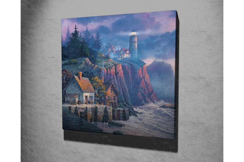 Lerretsbilde - Steinete kyst med fyr og pittoreske hus - Mørk blå / Grå / Rød - Interiør - Maleri & posters - Lerretsbilder