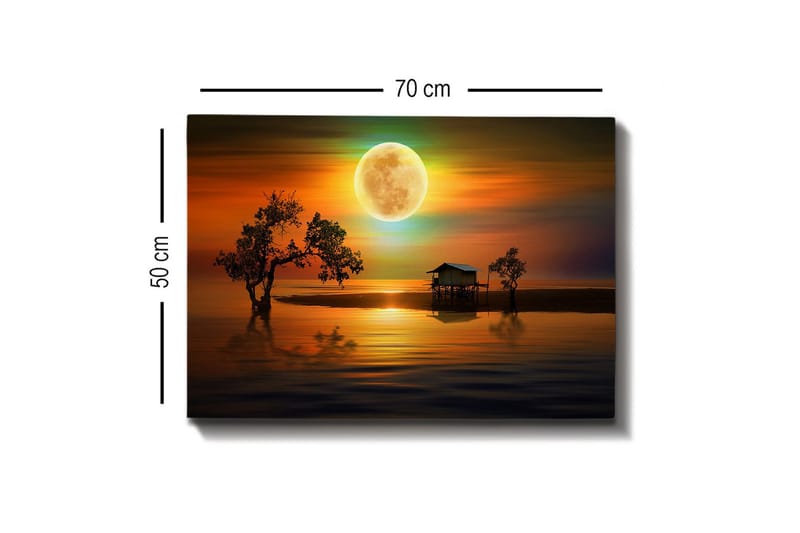 Lerretsbilde - Stemningsfullt landskap med en hytte ved vannet under en stor fullmåne - Oransje / Blå / Grønn - Interiør - Maleri & posters - Lerretsbilder