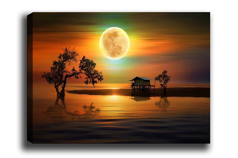 Lerretsbilde - Stemningsfullt landskap med en hytte ved vannet under en stor fullmåne, Oransje / Blå / Grønn