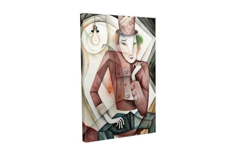 Lerretsbilde - Stilisert mann i hatt med mystisk blikk, Brun / Grønn / Beige