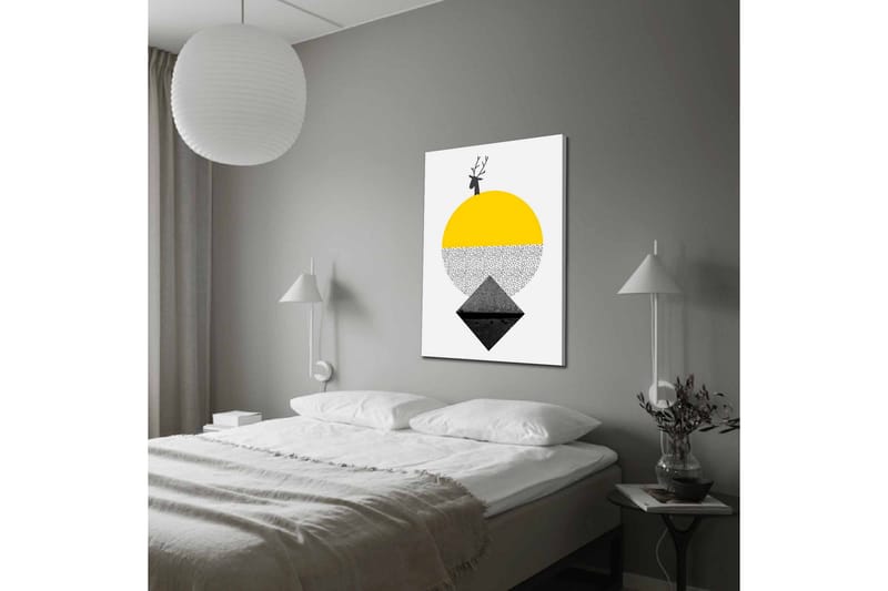 Lerretsbilde - Stilisert reinsdyr med sol og geometriske former - Gul / Svart / Hvit - Interiør - Maleri & posters - Lerretsbilder