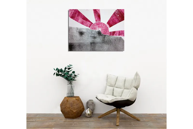 Lerretsbilde - Stilisert soloppgang med stråler i rosa og grått - Rosa / Grå - Interiør - Maleri & posters - Lerretsbilder