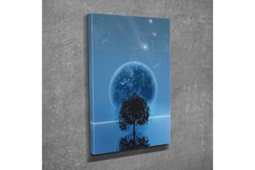 Lerretsbilde - Stjerneklar natt med en stor måne og silhuetten av et tre i horisonten - Mørk blå / Svart / Lys blå - Interiør - Maleri & posters - Lerretsbilder