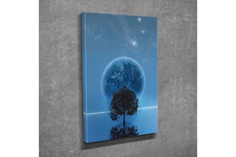 Lerretsbilde - Stjerneklar natt med en stor måne og silhuetten av et tre i horisonten - Mørk blå / Svart / Lys blå - Interiør - Maleri & posters - Lerretsbilder