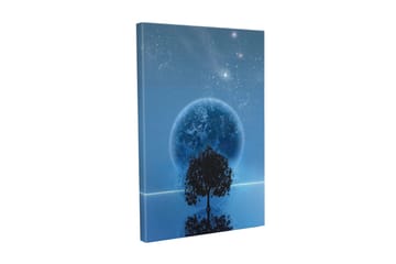 Lerretsbilde - Stjerneklar natt med en stor måne og silhuetten av et tre i horisonten - Mørk blå / Svart / Lys blå - Interiør - Maleri & posters - Lerretsbilder