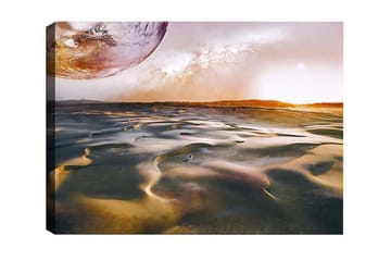 Lerretsbilde - Storslått ørkenlandskap med en planet i bakgrunnen - Gull / Grå / Oransje - Interiør - Maleri & posters - Lerretsbilder