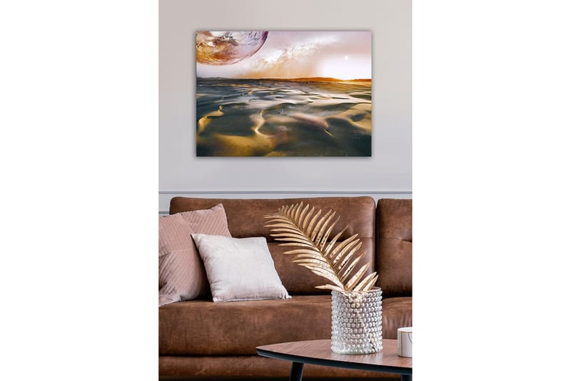 Lerretsbilde - Storslått ørkenlandskap med en planet i bakgrunnen - Gull / Grå / Oransje - Interiør - Maleri & posters - Lerretsbilder