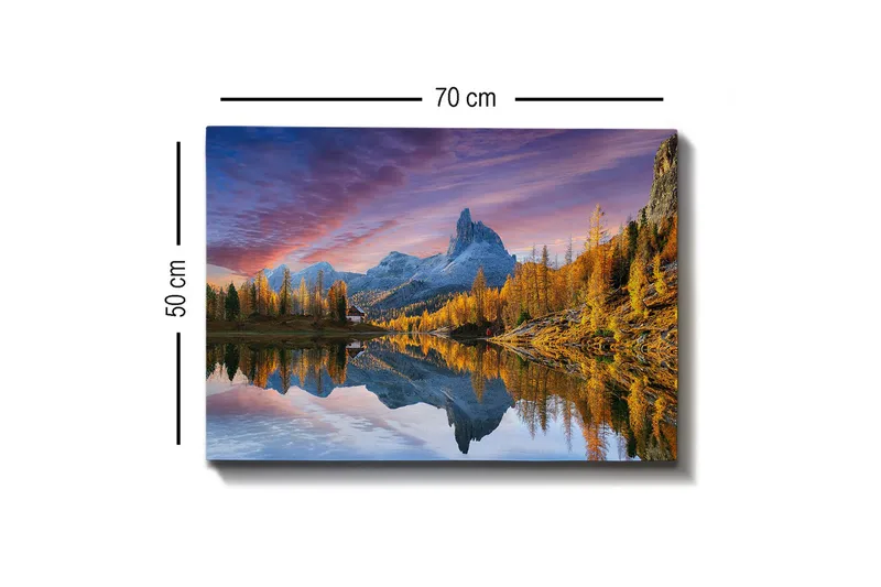 Lerretsbilde - Storslått fjellandskap med refleksjon i innsjø - Gull / Blå / Grå - Interiør - Maleri & posters - Lerretsbilder