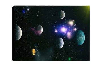 Lerretsbilde - Storslått romscene med flere planeter og stjerner - Blå / Grønn / Lilla - Interiør - Maleri & posters - Lerretsbilder