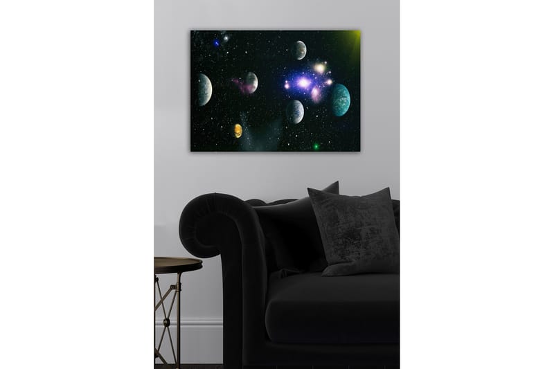 Lerretsbilde - Storslått romscene med flere planeter og stjerner - Blå / Grønn / Lilla - Interiør - Maleri & posters - Lerretsbilder