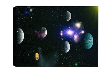 Lerretsbilde - Storslått romscene med flere planeter og stjerner - Blå / Grønn / Lilla - Interiør - Maleri & posters - Lerretsbilder