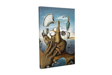 Lerretsbilde - Surrealistisk komposisjon med en hånd som dekker ansiktet og et øyeblikksbilde av en drømmeverden - Beige / Blå / Grønn - Interiør - Maleri & posters - Lerretsbilder