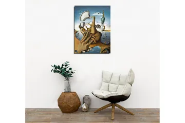 Lerretsbilde - Surrealistisk komposisjon med en hånd som dekker ansiktet og et øyeblikksbilde av en drømmeverden - Beige / Blå / Grønn - Interiør - Maleri & posters - Lerretsbilder