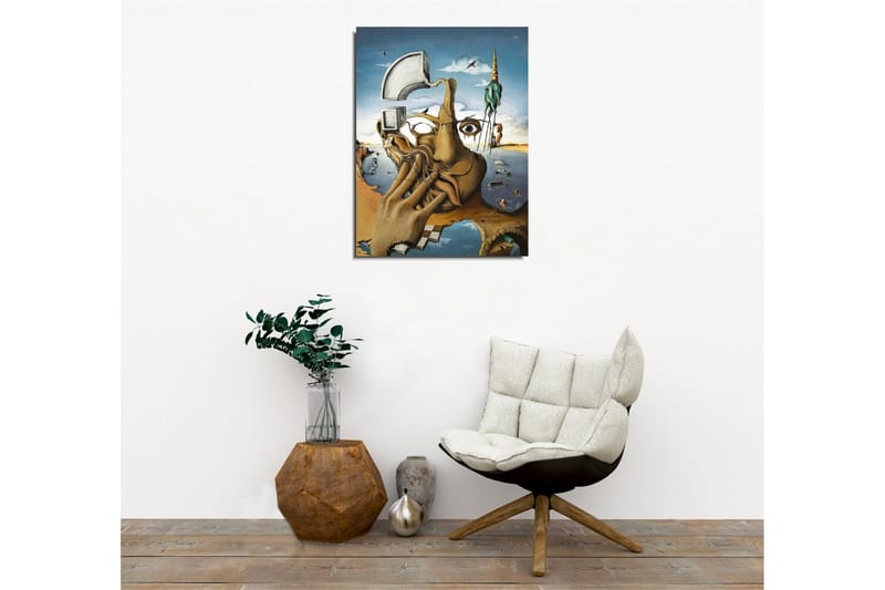 Lerretsbilde - Surrealistisk komposisjon med en hånd som dekker ansiktet og et øyeblikksbilde av en drømmeverden - Beige / Blå / Grønn - Interiør - Maleri & posters - Lerretsbilder