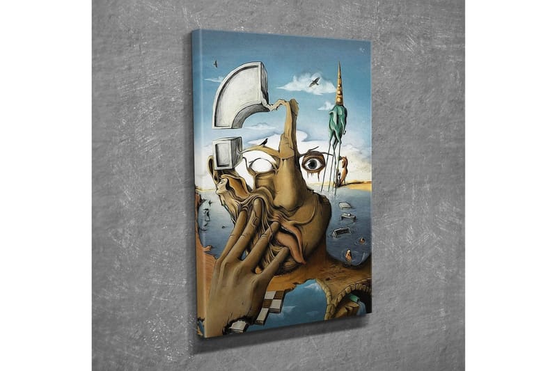 Lerretsbilde - Surrealistisk komposisjon med en hånd som dekker ansiktet og et øyeblikksbilde av en drømmeverden - Beige / Blå / Grønn - Interiør - Maleri & posters - Lerretsbilder