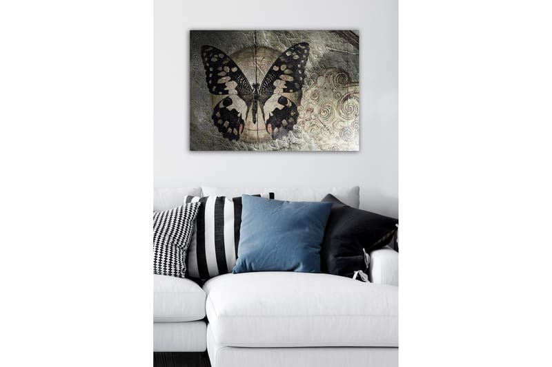 Lerretsbilde - Svart sommerfugl med mønster mot en diskré bakgrunn - Svart / Beige / Grå - Interiør - Maleri & posters - Lerretsbilder
