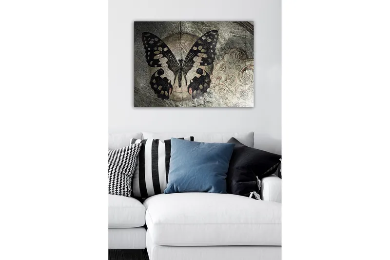 Lerretsbilde - Svart sommerfugl med mønster mot en diskré bakgrunn - Svart / Beige / Grå - Interiør - Maleri & posters - Lerretsbilder