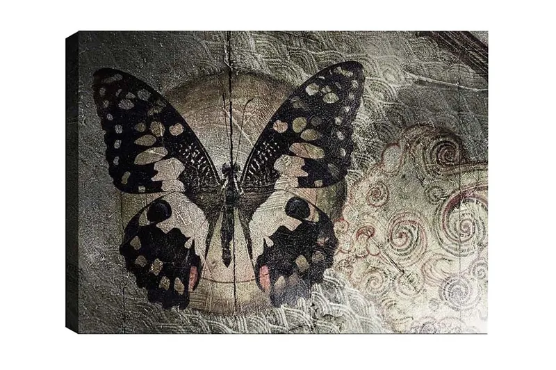 Lerretsbilde - Svart sommerfugl med mønster mot en diskré bakgrunn - Svart / Beige / Grå - Interiør - Maleri & posters - Lerretsbilder