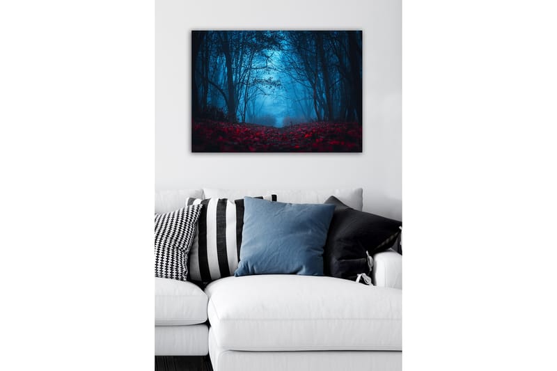 Lerretsbilde - Tåkete skog med rødlige blader i en mystisk atmosfære - Mørk blå / Rød - Interiør - Maleri & posters - Lerretsbilder
