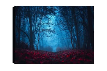 Lerretsbilde - Tåkete skog med rødlige blader i en mystisk atmosfære - Mørk blå / Rød - Interiør - Maleri & posters - Lerretsbilder
