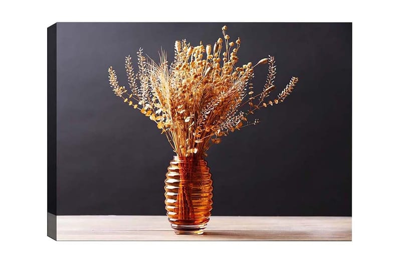 Lerretsbilde - Tørkede blomster i en elegant glassvase, Gull / Brun / Beige