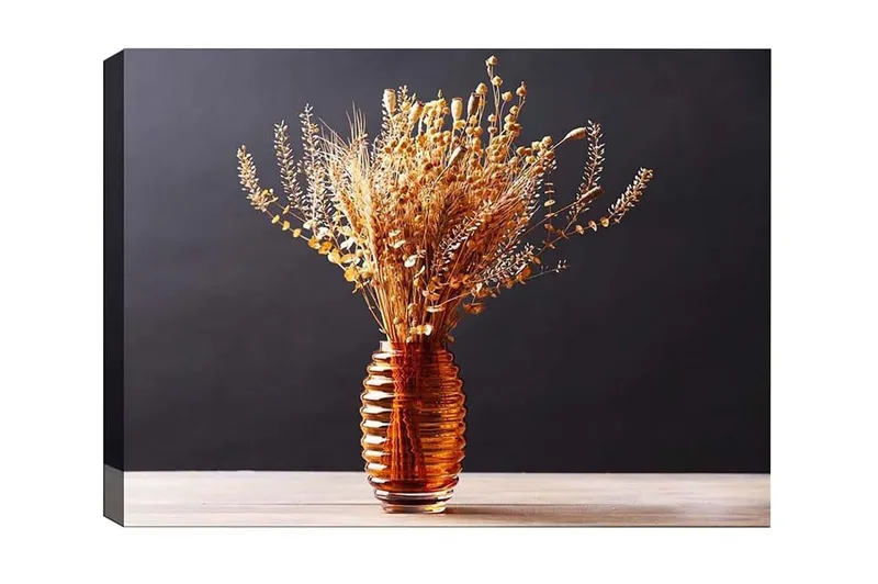 Lerretsbilde - Tørkede blomster i en elegant glassvase, Gull / Brun / Beige