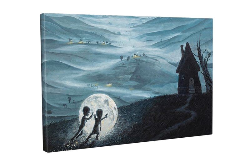 Lerretsbilde - To barn som leker med en stor måne i et drømmeaktig landskap, Mørk blå / Lys grå / Svart
