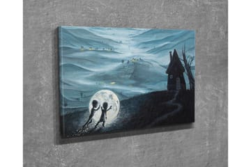 Lerretsbilde - To barn som leker med en stor måne i et drømmeaktig landskap - Mørk blå / Lys grå / Svart - Interiør - Maleri & posters - Lerretsbilder