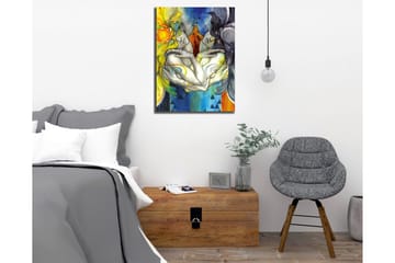 Lerretsbilde - To sammenflettede figurer med fugler på hodene og fargerike mønstre - Gul / Blå / Svart - Interiør - Maleri & posters - Lerretsbilder