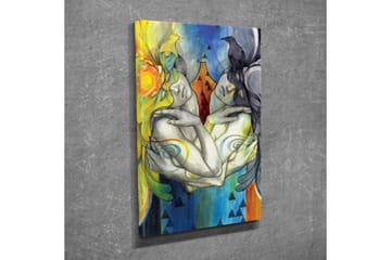 Lerretsbilde - To sammenflettede figurer med fugler på hodene og fargerike mønstre - Gul / Blå / Svart - Interiør - Maleri & posters - Lerretsbilder