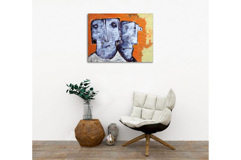 Lerretsbilde - To stiliserte ansikter med uttrykksløse trekk - Grå / Oransje / Beige - Interiør - Maleri & posters - Lerretsbilder