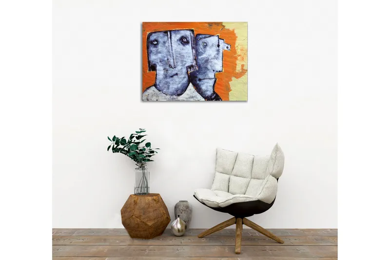 Lerretsbilde - To stiliserte ansikter med uttrykksløse trekk - Grå / Oransje / Beige - Interiør - Maleri & posters - Lerretsbilder