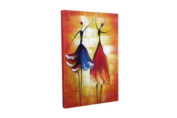Lerretsbilde - To stiliserte kvinner i fargerike kjoler som danser - Rød / Blå / Oransje - Interiør - Maleri & posters - Lerretsbilder