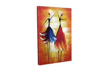 Lerretsbilde - To stiliserte kvinner i fargerike kjoler som danser - Rød / Blå / Oransje - Interiør - Maleri & posters - Lerretsbilder