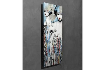 Lerretsbilde - To stiliserte kvinner med ansiktene delvis skjult av hodeplagg og sterke røde lepper - Blå / Svart / Rød - Interiør - Maleri & posters - Lerretsbilder