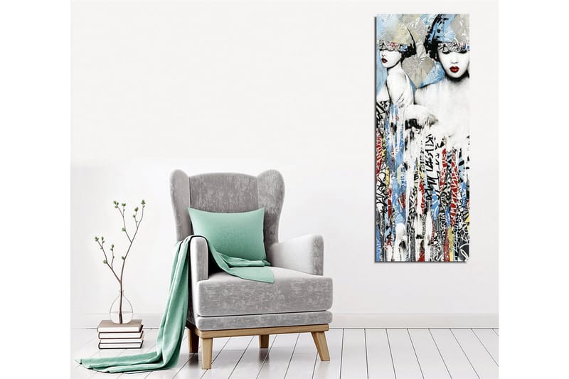 Lerretsbilde - To stiliserte kvinner med ansiktene delvis skjult av hodeplagg og sterke røde lepper - Blå / Svart / Rød - Interiør - Maleri & posters - Lerretsbilder