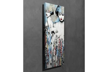 Lerretsbilde - To stiliserte kvinner med ansiktene delvis skjult av hodeplagg og sterke røde lepper - Blå / Svart / Rød - Interiør - Maleri & posters - Lerretsbilder