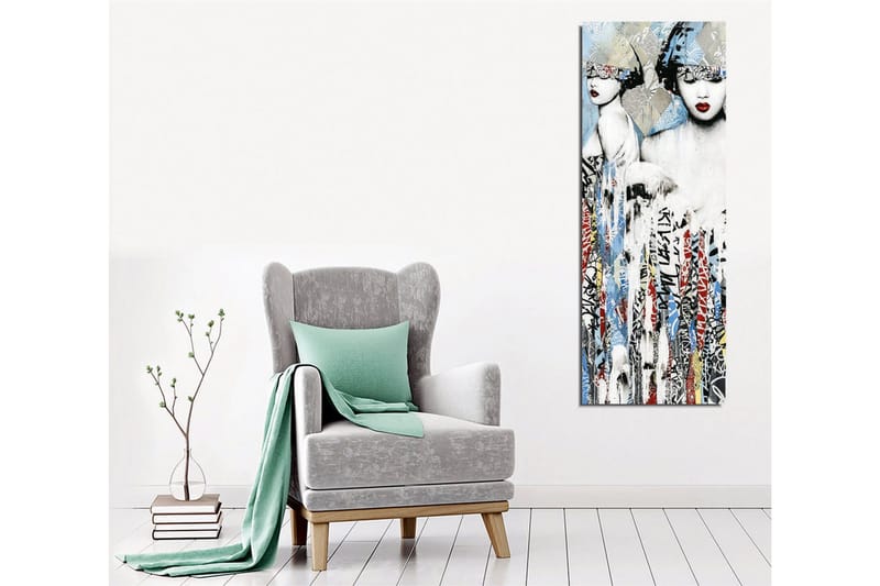 Lerretsbilde - To stiliserte kvinner med ansiktene delvis skjult av hodeplagg og sterke røde lepper - Blå / Svart / Rød - Interiør - Maleri & posters - Lerretsbilder