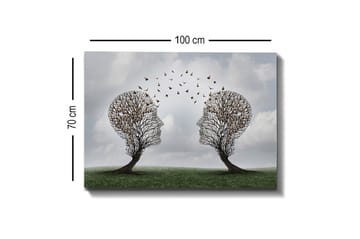 Lerretsbilde - To trær formet som ansikter med sommerfugler som svever mellom dem - Brun / Grønn / Grå - Interiør - Maleri & posters - Lerretsbilder