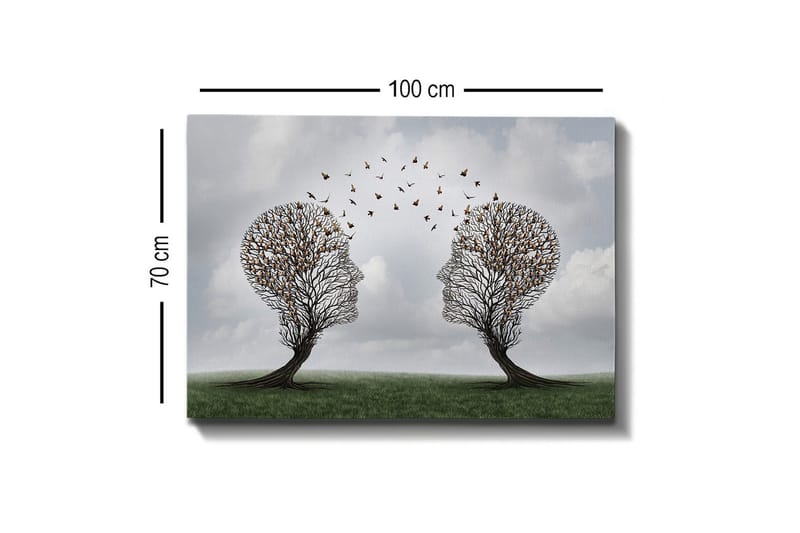 Lerretsbilde - To trær formet som ansikter med sommerfugler som svever mellom dem - Brun / Grønn / Grå - Interiør - Maleri & posters - Lerretsbilder