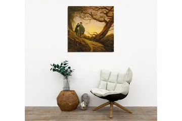 Lerretsbilde - To personer som står sammen under et stort tre ved solnedgang - Mørk grønn / Brun / Lys gul - Interiør - Maleri & posters - Lerretsbilder