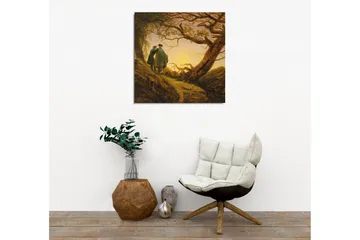 Lerretsbilde - To personer som står sammen under et stort tre ved solnedgang - Mørk grønn / Brun / Lys gul - Interiør - Maleri & posters - Lerretsbilder