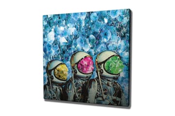 Lerretsbilde - Tre astronauter med fargerike hjelmer i en krystallklar bakgrunn - Blå / Grønn / Rosa - Interiør - Maleri & posters - Lerretsbilder