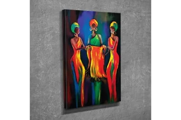 Lerretsbilde - Tre kvinner i fargerike kjoler som holder et stoffstykke sammen - Rød / Gul / Grønn - Interiør - Maleri & posters - Lerretsbilder