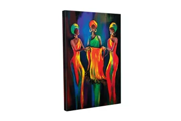 Lerretsbilde - Tre kvinner i fargerike kjoler som holder et stoffstykke sammen - Rød / Gul / Grønn - Interiør - Maleri & posters - Lerretsbilder
