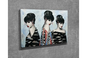 Lerretsbilde - Tre stiliserte kvinner med elegante frisyrer og fargerike klær - Svart / Rød / Blå - Interiør - Maleri & posters - Lerretsbilder