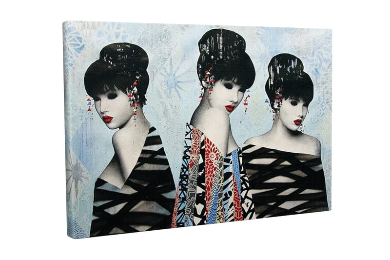 Lerretsbilde - Tre stiliserte kvinner med elegante frisyrer og fargerike klær, Svart / Rød / Blå