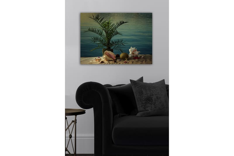 Lerretsbilde - Tropisk ro med palme og skjell ved vannet - Grønn / Beige / Rosa - Interiør - Maleri & posters - Lerretsbilder