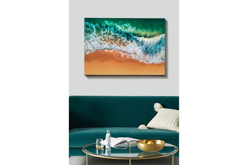 Lerretsbilde - Turkis hav med hvite bølger møter gyllen sandstrand - Turkis / Hvit / Gyllen - Interiør - Maleri & posters - Lerretsbilder
