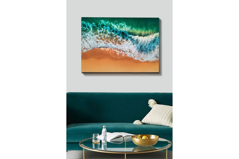 Lerretsbilde - Turkis hav med hvite bølger møter gyllen sandstrand - Turkis / Hvit / Gyllen - Interiør - Maleri & posters - Lerretsbilder
